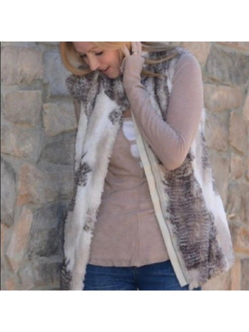 CAbi Aspen Plush Faux Fur Vest in Taupe & Cream Tones Medium